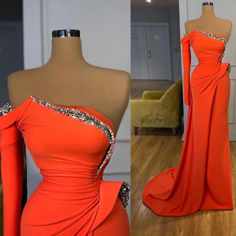 Dark Green Sequined Mermaid Prom Dresses One Shoulder Neck Side Split Evening Gowns Satin Sweep Train Formal Dress