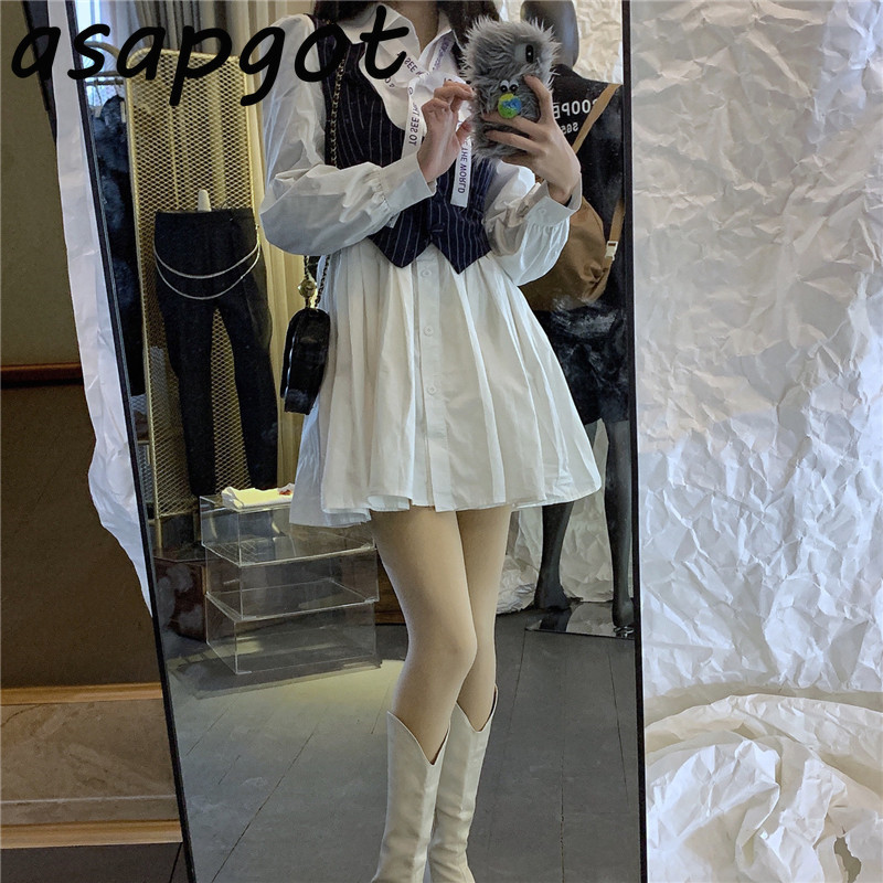Chic Casual White Bow Puff Long Sleeve Turn Down Collar Shirt Dress Mini with Blazer Vest Vintage Fashion 2piece Set Korean Wild 210429