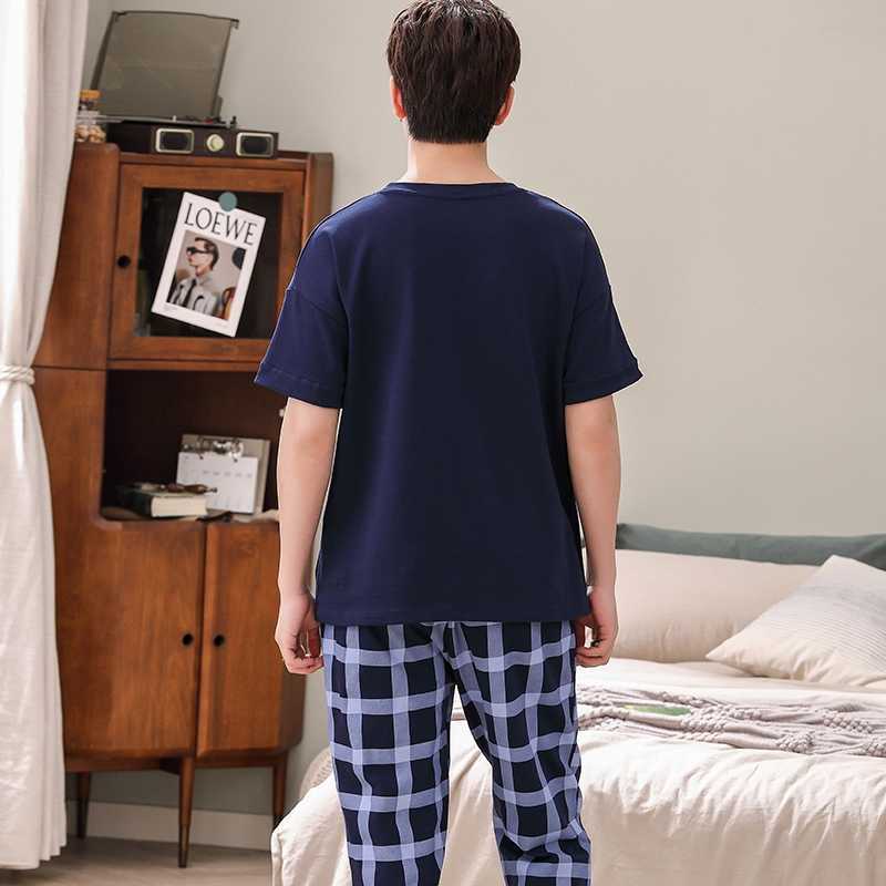 Plus Size Cotton Casual Plaid Short Sleeve Long Pants Pajama Set for Men korean Sleepwear Suit Pyjama Male Homewear Home Clothes 210812