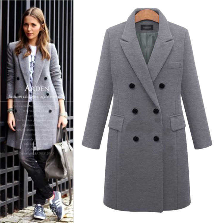 Plus Size Autumn Winter Women Coats Casual Solid Wool Jackets Blazers Elegant Lapel Double Breasted Thick Long Ladies 210526