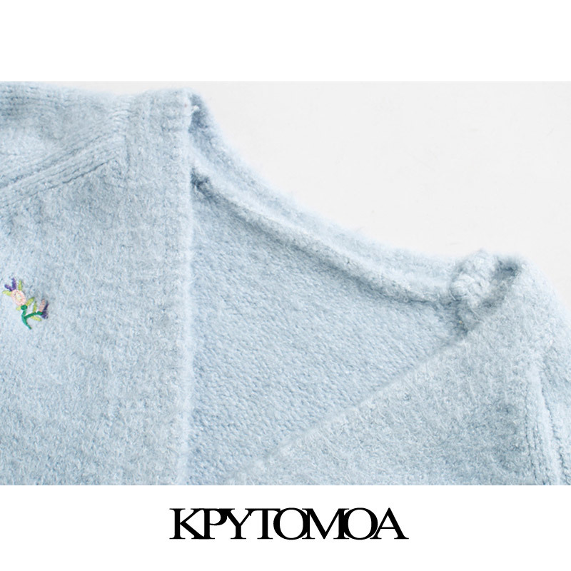 Women Fashion Floral Embroidered Knitted Cardigan Sweater V Neck Long Sleeve Female Outerwear Chic Tops 210420