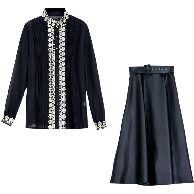 Spring Women Two Piece Set Elegant Flower Embroidery Chiffon Shirt Tops + High Waist Pu Leather Midi Skirt Suit Women's Tracksuits