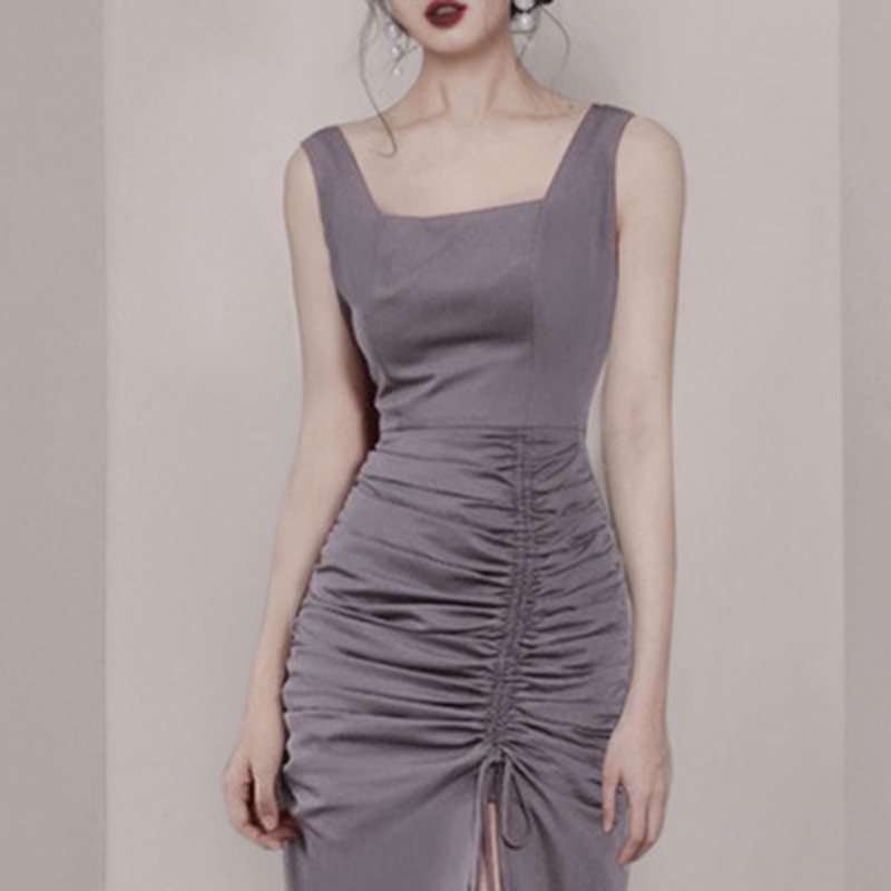 Korean Split Sexy Elegant Occupation Dress Women Summer Square Collar OL Office Dresses Sheath Bodycon Tank Vestidos 210506