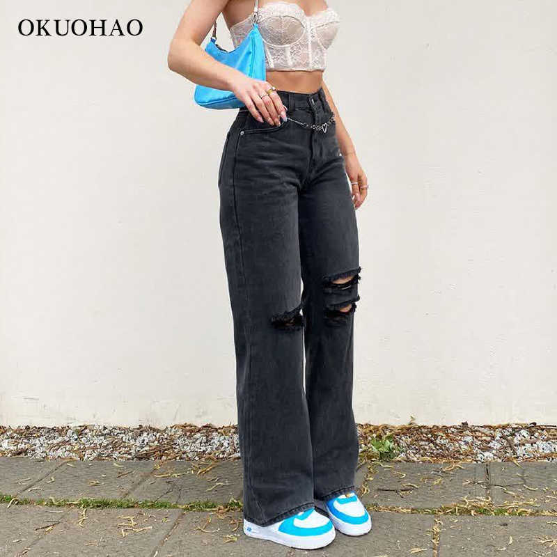 Black Ripped Straight Leg Jeans For Women Fashion Tassel Loose Y2k Streetwear Baggy Jean Pants Mom Casual Wash vintage Trousers 210922