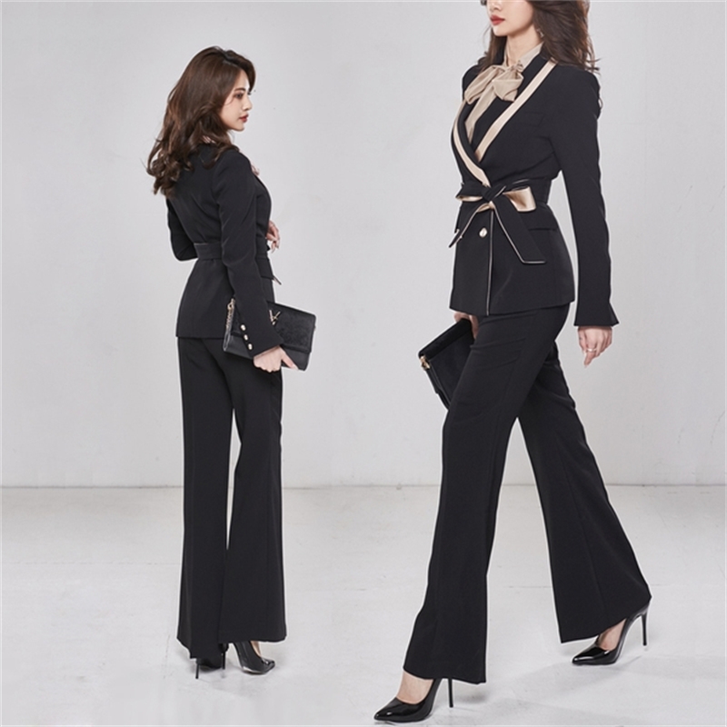 High Quality Spring Women Elegant Business Office OL Double breasted Hit Color Blazer Coat + Waist Flare Pants Suit 210519
