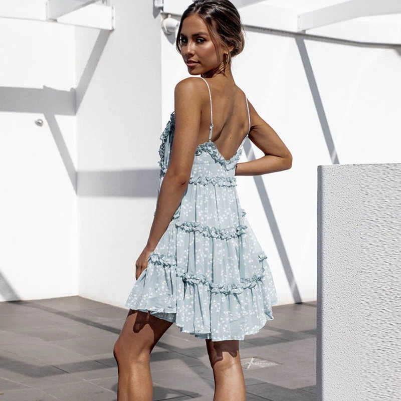 Straps Boho Mini Dress Women Deep V Neck Backless Summer Beach Casual Short Sundress Floral Print Ruffle Sexy Ladies Dresses 210526