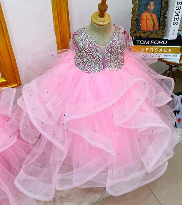2021 Pink Luxurious Crystals Flower Girl Dresses Ball Gown Tulle Bow Lilttle Kids Birthday Pageant Weddding Gowns ZJ676