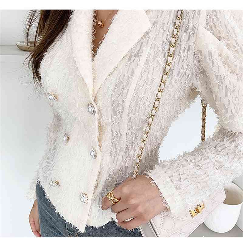 Women Fashion Blouse Korean Chic Lapel Double Breasted Lady Casual Slim Shirt Autumn Long Sleeve Top 210506