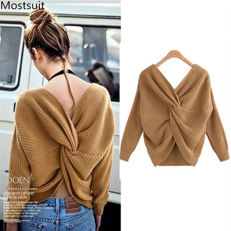 Autumn Fashion Sexy Irregular Criss-cross Reversible Sweater For Women Ladies Deep V-neck Pullover Knit Tops Lazy Oaf Streetwear 210514