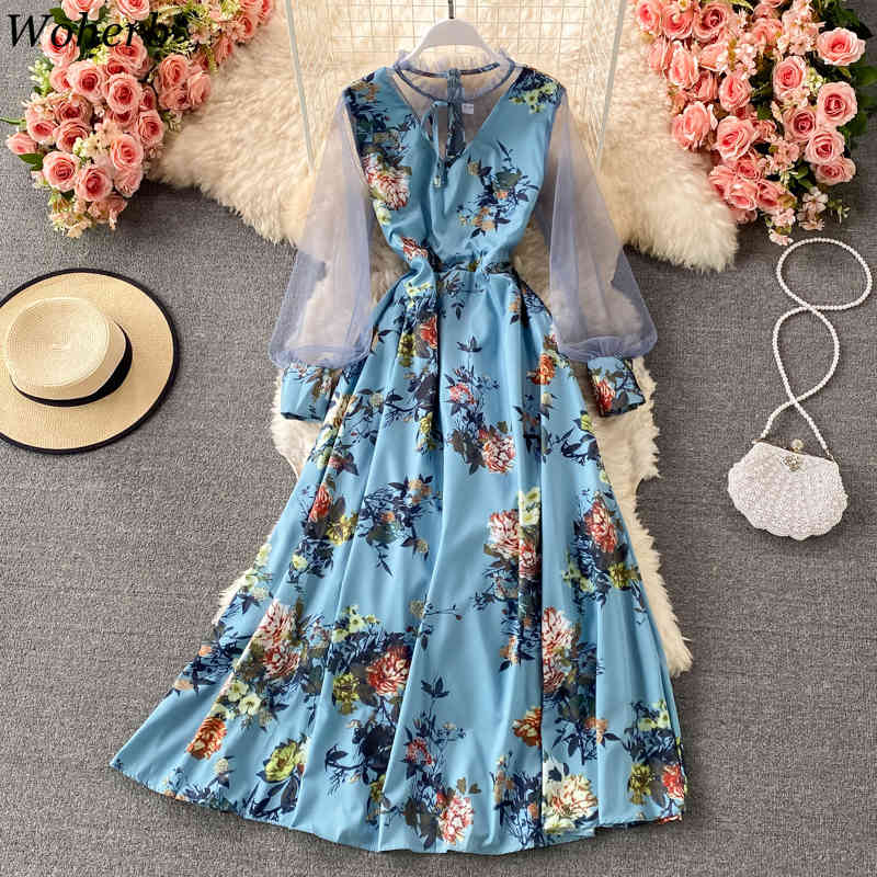 Women Dress Spring Gauze Patchwork Floral Chiffon Dresses Vintage Elegant Long Sleeve Large Swing Vestidos Mujer 210519