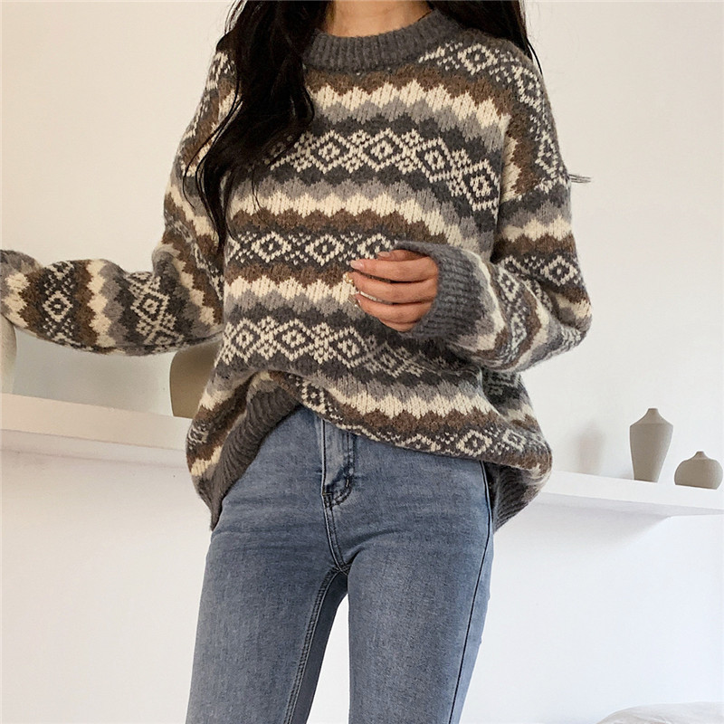 Retro Round Neck Lazy Knit Sweater Women's Fashion Winter Korean Loose Casual Rhomboid Female Pullover Top 210520, Gray
Retro Round Neck Lazy Knit Sweater Women's Fashion Winter Korean Loose Casual Rhomboid Female Pullover Top 210520, Gray
