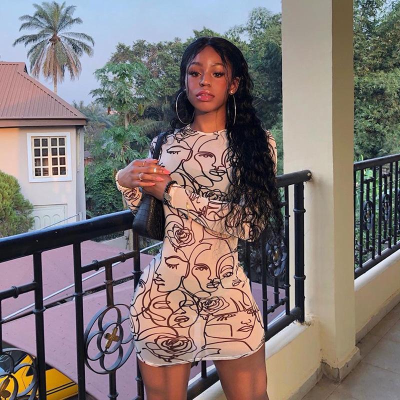 Print See-through Mesh Cloth Summmer Dress 2021 Slim Fit Bodycon Long Sleeve O-Neck Women Dresses Vestidos Mujer Casual