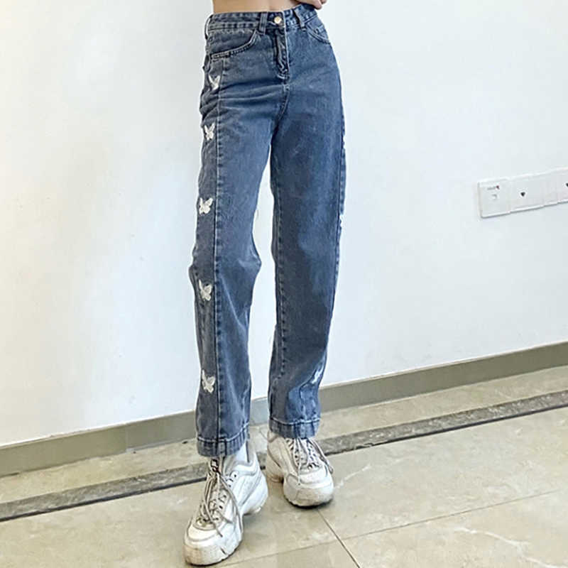 Summer Vintage Jeans Casual Woman Long Trousers Cowboy Female Loose Streetwear Butterfly Pants trousers 210524