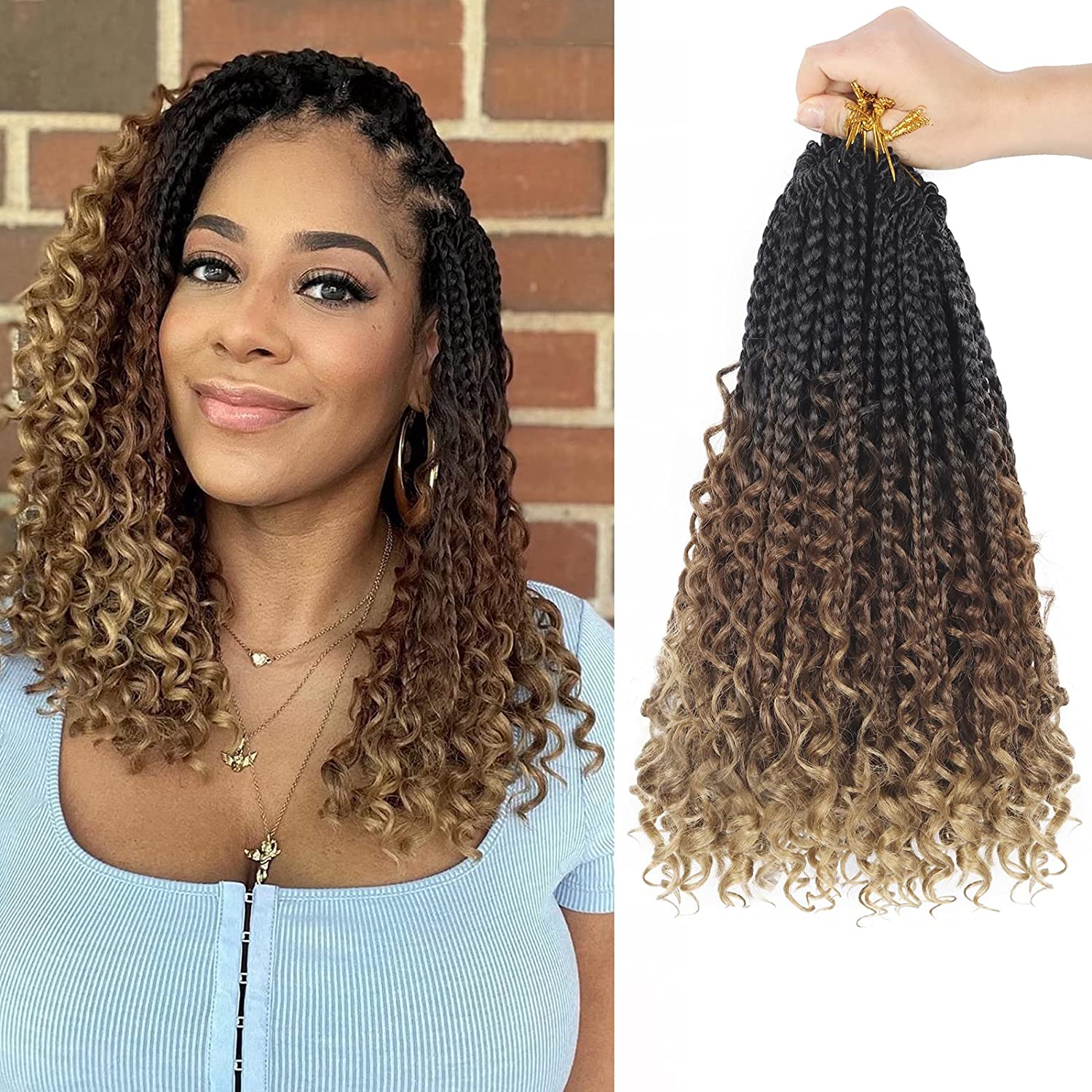 

Goddess Box Braids Crochet Hair With Curly Ends 14 Inch Bohomian Box Braids Crochet Braid 8 Packs 3X Crochet Braids Synthetic Braiding Hair Extension for Black Women, 1b+30+27