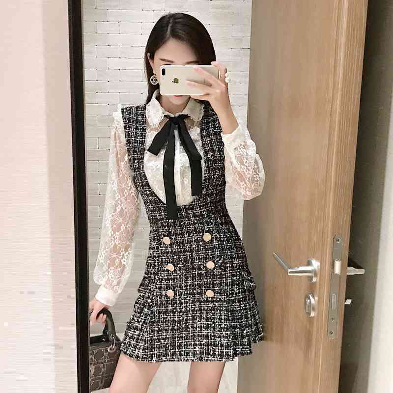 Autumn Winter 2 Piece Set Dress Women Ruffles Bow Shirt Lace Top+Double Breasted Plaid Tweed Vest 210519