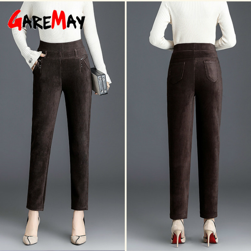 Women Winter Thickening Warm Corduroy Pants Casual Plus Size 5XL High Waist Elastic Trousers Femme Woman's Loose Velvet 210428