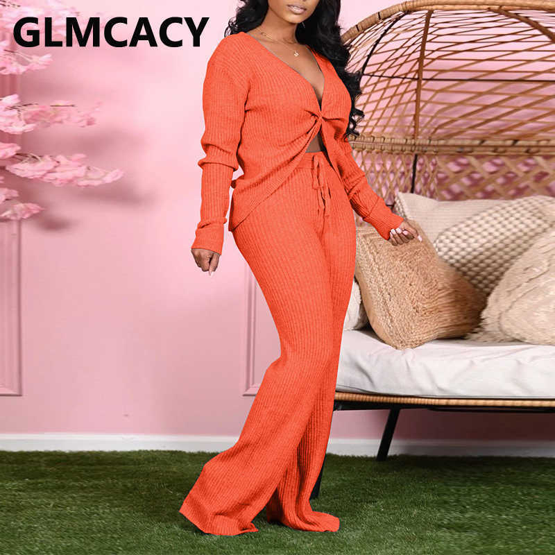 Women Two Piece Chic Spring Fall Suits Solid Casual Twist Top Loose Pants Set 210702