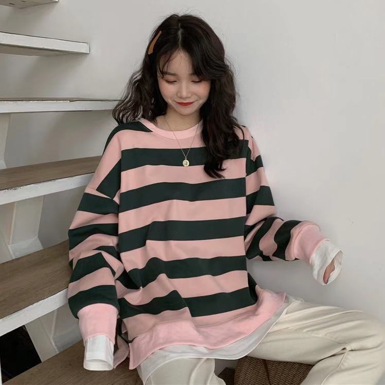 2 colors autumn winter preppy style Women stripe Sweatshirts korean faux two pieces Sweatshirt Womens pullovers (CX8086) 210423