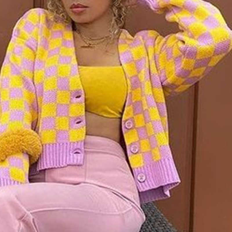 Women's Sweater Cardigan Knitted V-neck Argyle Long Sleeve Single Breasted Short Sweaters Female Autumn Winter Sweet Cardigans 210914
