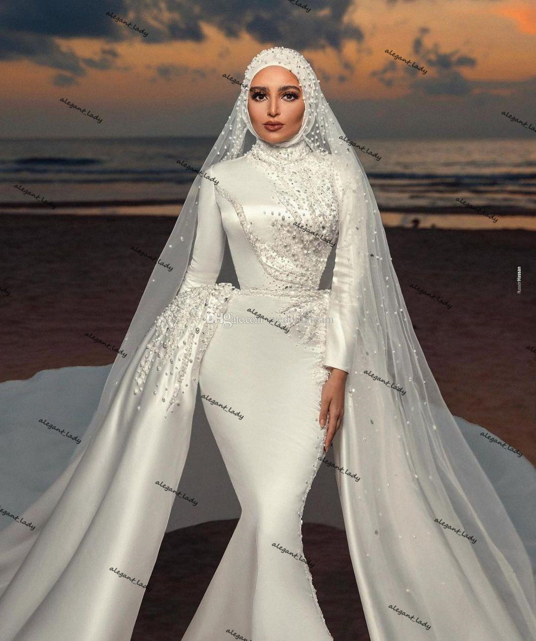 Gorgeous Pearls Mermaid Muslim Wedding Dresses With Detachable Train Beaded High Neck Long Sleeves arabic Bridal Gowns Satin robe de mariée