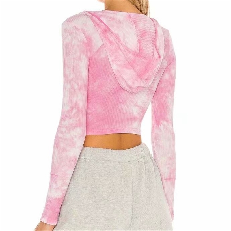 Elegant Women Hooded Sweaters Fashion Ladies Pink Tie-Dyed Knitted Tops Sweet Female Chic Slim Short Pullovers 210430