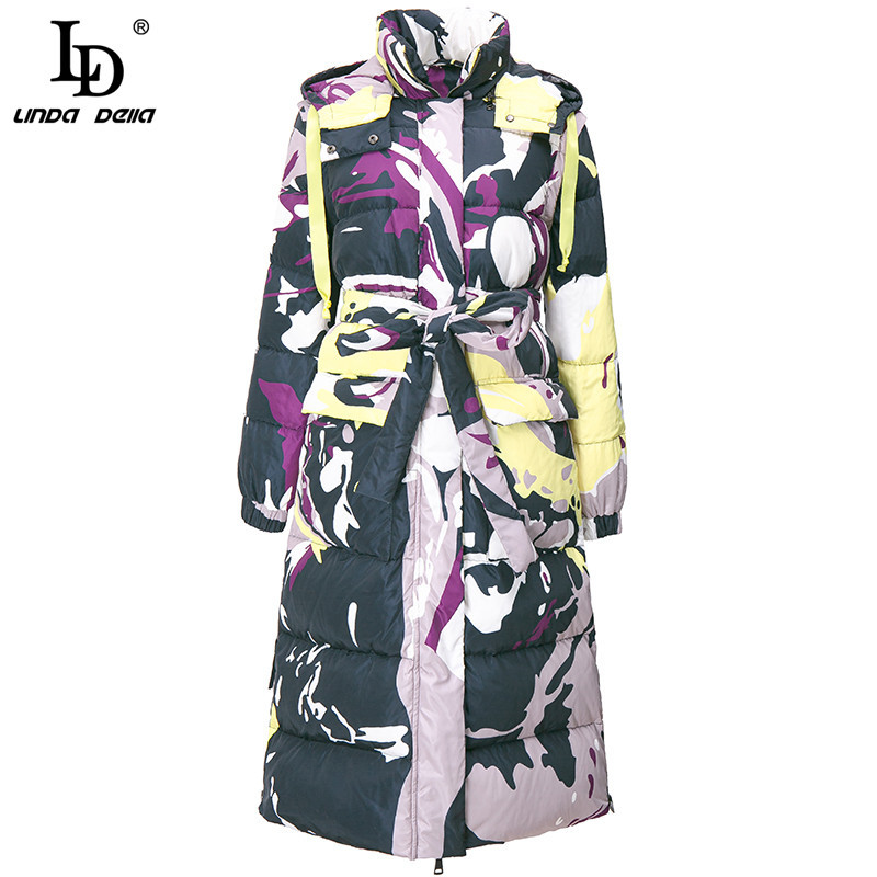 Spring Runway Long Hooded Down Coat Women Turtleneck Belt Vintage Print Warm Duck Jacket Overcoat 210522