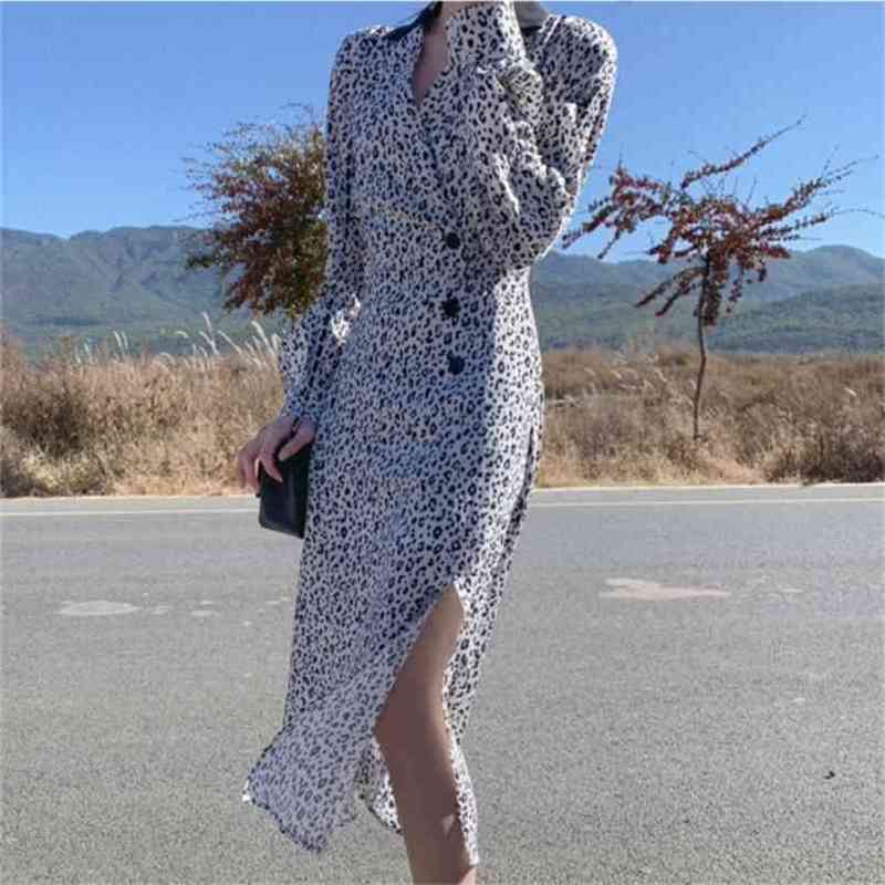 Spring Leopard Midi Dress For Women Fashion Long Sleeve Casual Print Split Party Chic Female Vestido De Mujer 210519