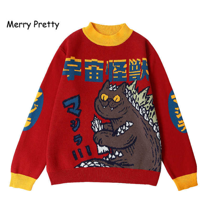 

Merry Pretty Autumn Winter Ladies Thick Warm Sweater Monster Funny Pullovers Knit Jacquard Turtleneck Jumper Women Red Knitwear 210526