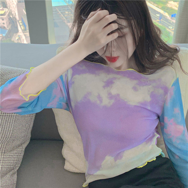 Tie Dye Mesh Top Long Sleeve T Shirt Aesthetic Summer Sky Print Tshirt Frill Crop Tee Purple Vintage Korean 210510