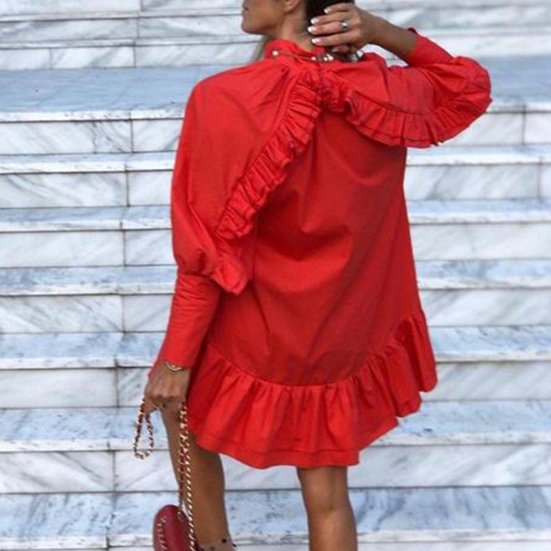 Women Vintage Red En Mini Long Lantern Sleeve V Neck Ruffles Elegant Korean Style Casual Daily Outfit A-E Dress