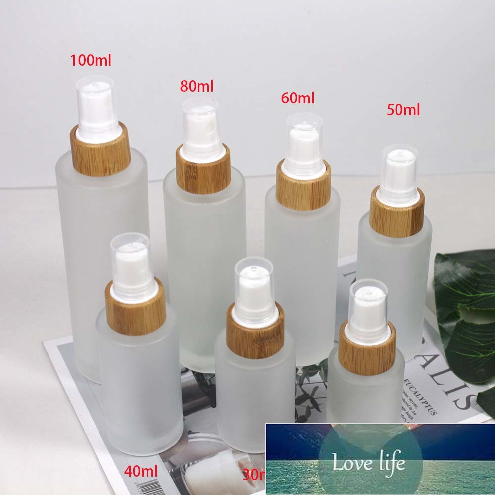 30ml Clear Frosted Glass Bamboo Cap Spray Bottle Cosmetic Natural Wood Lotion Pump Packaging Container