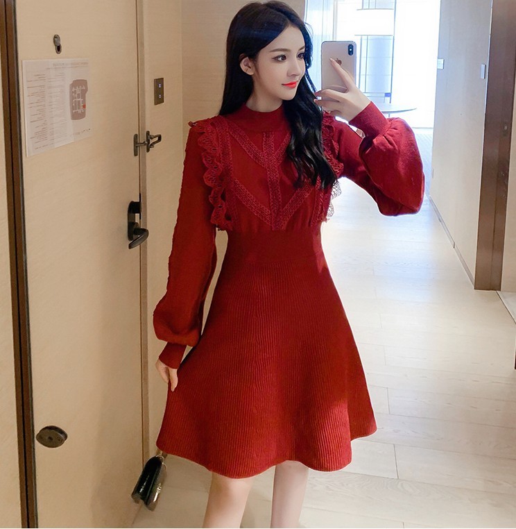 Autumn Winter Elegant Lace patchwork Sweater Dress Vintage Women lantern Long Sleeve A Line thick Knit chic mini female 210519