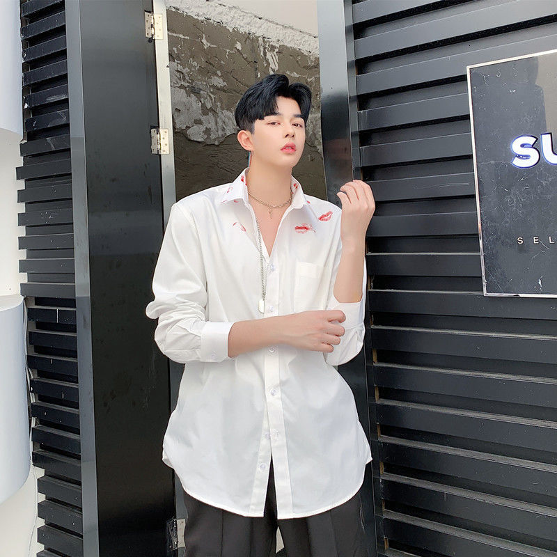 IEFB Men's Clothing Lipstick Printed White Shirt Spring Summer Korean Streetwear Fashion Long Sleeve Tops 9Y6060 210524