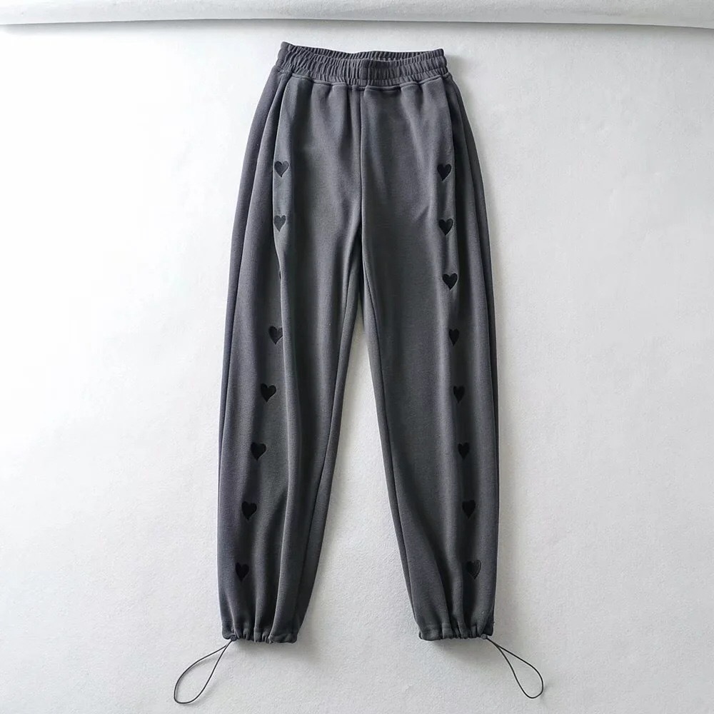 Spring Autumn Contrast color Heart Embroidery Wide Leg Pants Woman Adjust Rope Cuff Loose Trousers Sports Casual Bottom 210429