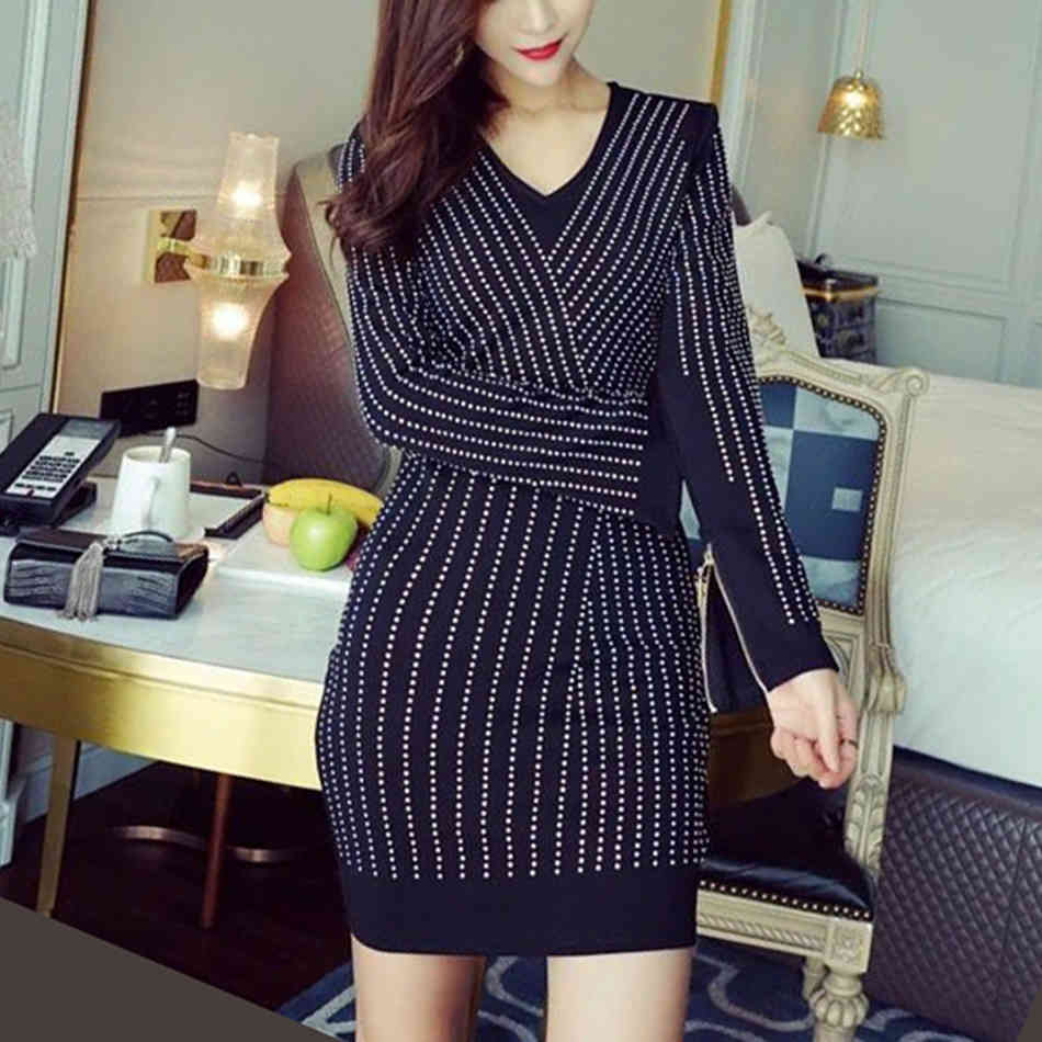 Free Diamond Dress Women's Elegant V-neck Long Sleeve Bodycon Stretch Knee-length Club Party Vestidos 210524