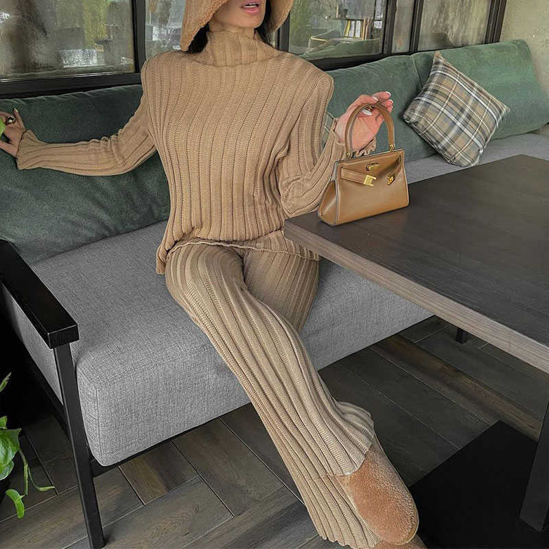 SpotLtWM Cotton Casual Women Knitted Two Piece Sets Ladies Slim Outfits Solid Striped Turtleneck Sweater And Elastic Pant Suits 211007