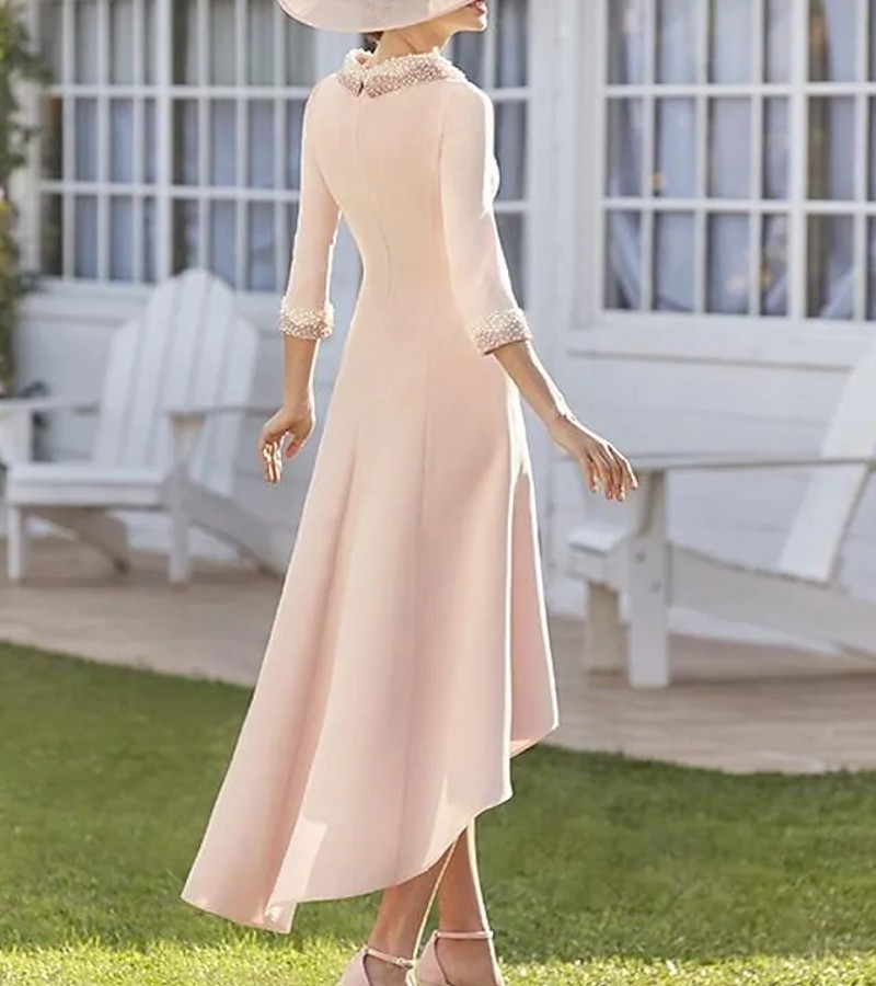 Elegant Asymmetrical Satin Mother of the Bride Dress 2024 Jewel Half Sleeve Beads Pearls Bridal Party Gown Robe De Soiree