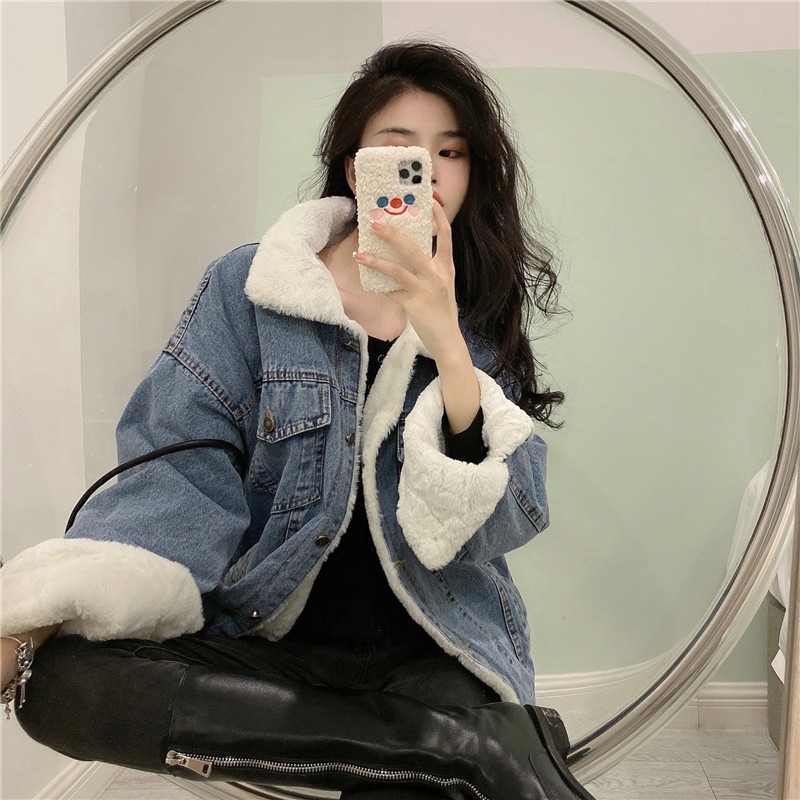 Winter Coat Women Casual Loose Denim Jacket Female Long Sleeve Single Breasted Outerwear Fashion Warm Fur Jean Coat Korean 210521