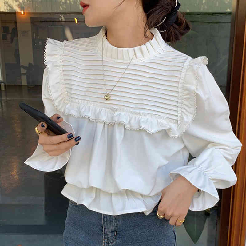 Nomikuma Causal Slim Waist Flare Sleeve Blouse Women Korean Stand Neck Shirt Spring New Pullover Blusas Mujer De Moda 6D864 210427