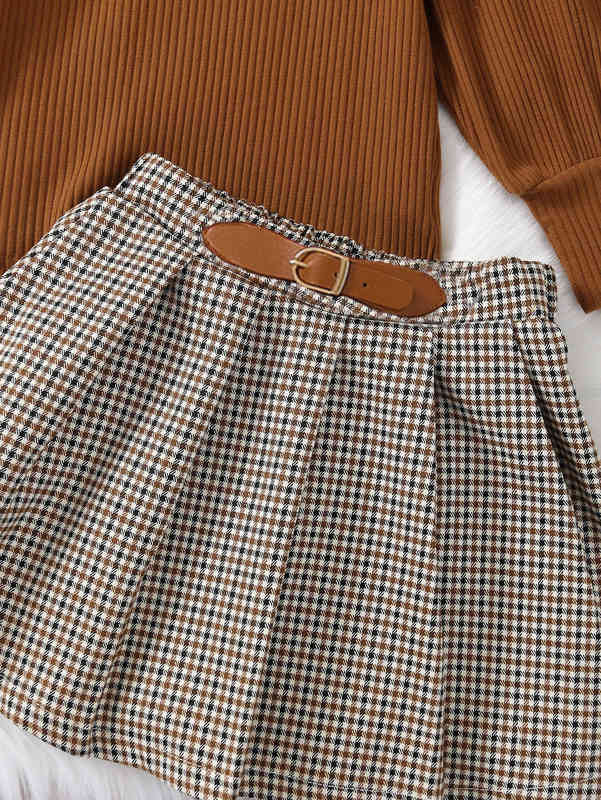 Baby Puff Sleeve Bodysuit & Houndstooth Print Buckle Pleated Skirt SHE
