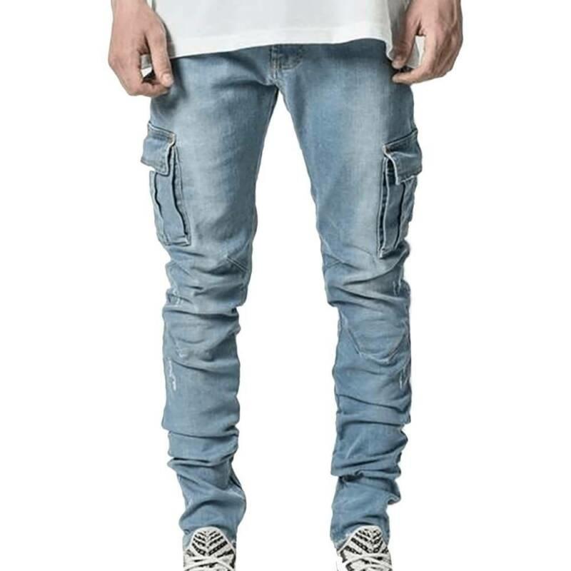 Men's Jeans Men Solid Skinny Pockets Denim Cargo Combat Pants Slim Fit Trouser Bottoms 2022 Fashion Casual Outwear
