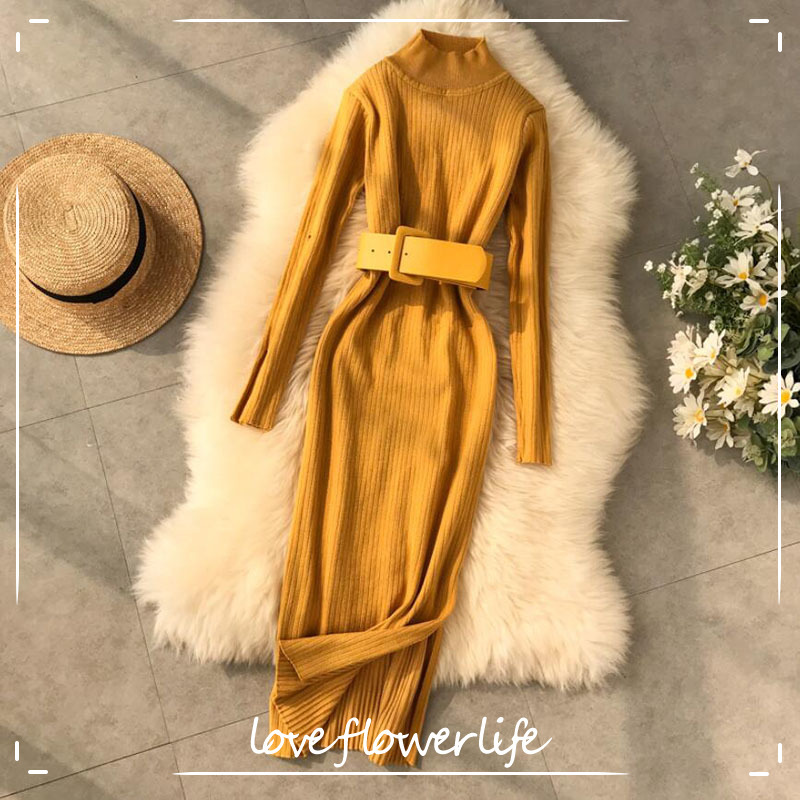 Turtleneck Sweater Dress Women Fashion Autumn Winter lady Slim Sweater Bandage Bodycon Dress Long Sleeve Knitted Dress 210521