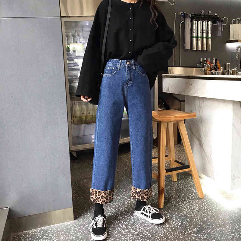 Boyfriends Jeans for Women Leopard Print Loose Harem High Waisted Vintage Female Casual Streetwear Denim Pants 210428
