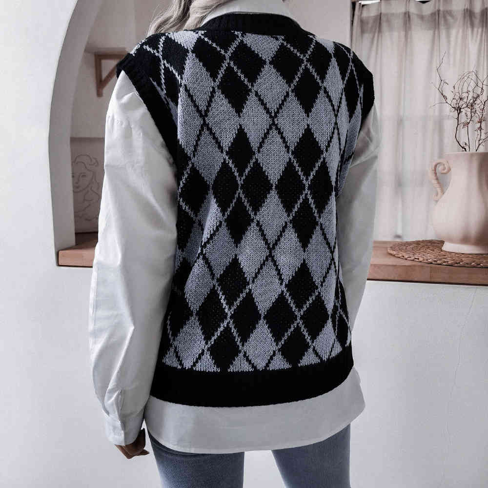 Fashion diamond-shaped V-neck casual loose knit vest sweater female sleeveless knitted sweaters for women High Street 210508