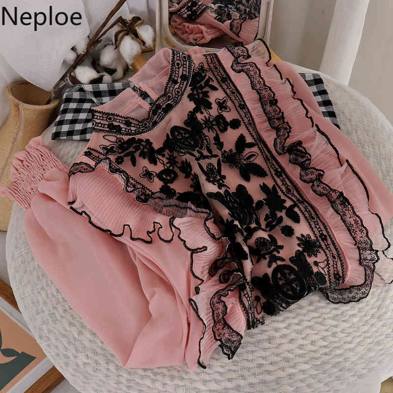 Neploe Lace Heavy Embroidery Blouses Women Spring Clothes Gauze Beading Shirts Stand Neck Patchwork Chiffon Blouse Tops 4H132 210422