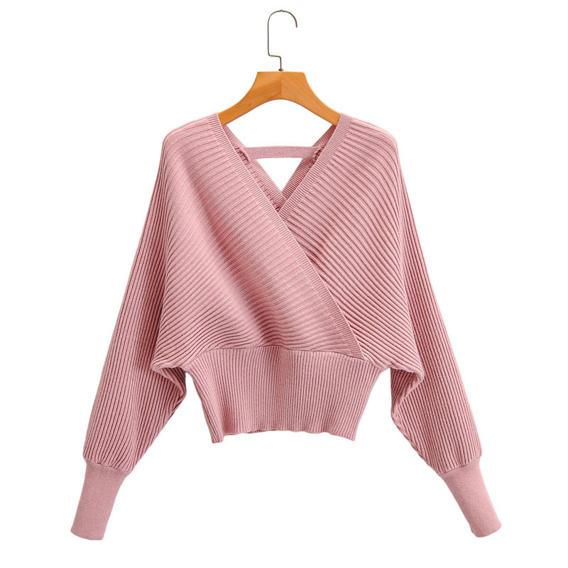 Sexy V-neck Long-sleeved Cross Pink Knitted Loose Bat Sleeves Western-style Female Sweater Waist Set Harajuku Chic Women's Sweat 210507