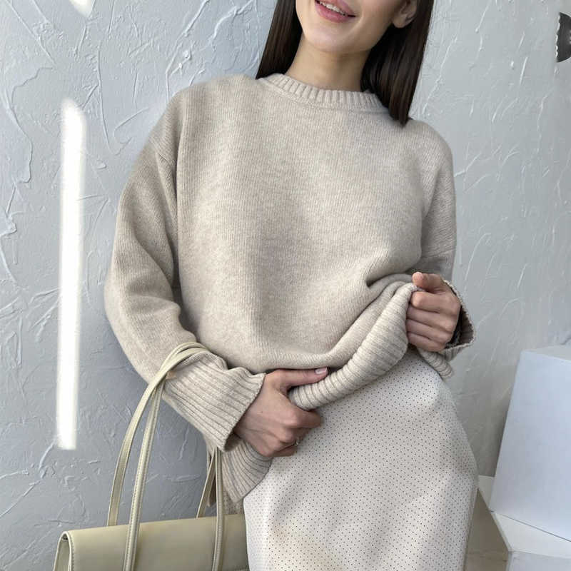 Hirsionsan Basic Khaki Knitted Cashmere Sweater Winter Loose Solid Ladies Pullovers Warm Casual Knitwear Jumper 211011Z