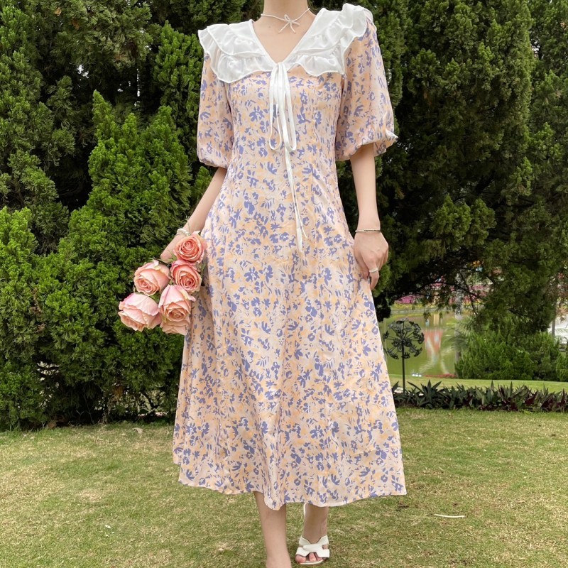 Summer Sweet Ruffles Bow Peter Pan Collar Puff Sleeve Flower Print Chiffon Dress France Women Chic Slim Waist Casual Party 210519