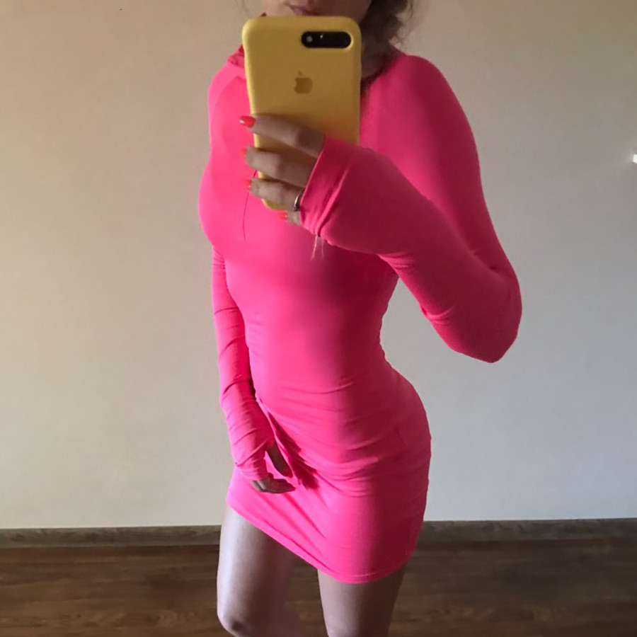 Sexy Neon Mini Dress Women Spring Long Sleeve Bodycon es Solid Half Open Zip Collar Package Hips Short Femme Vestidos 210522