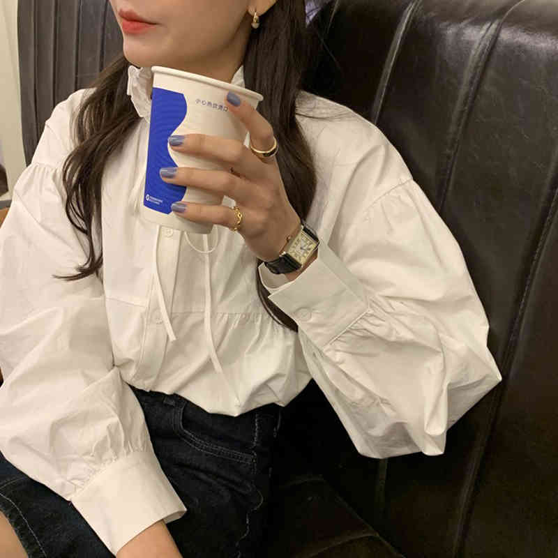 Nomikuma Spring New Women Doll Shirt Causal Ruffle Stand Neck Puff Long Sleeve Blusas Femme Single Breasted Blouses 6E159 210427